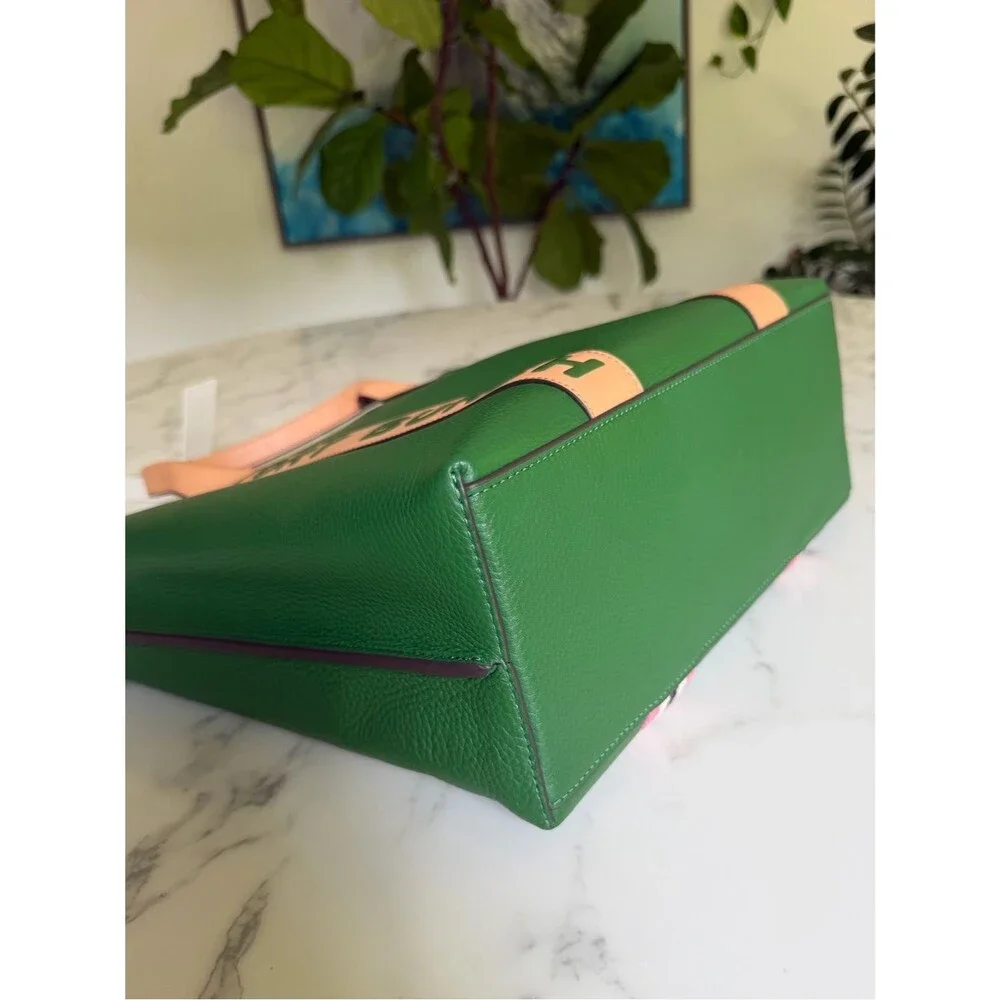 NWT Tory Burch Perry Multi Stripe Leather Triple Compartment Tote Arugula Green